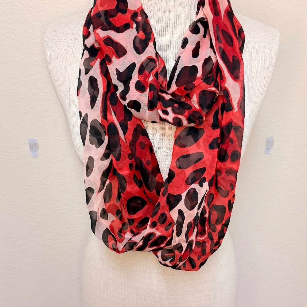 Charming Charlie Red Black Animal Leopard Print Infinity Scarf Chiffon Women's